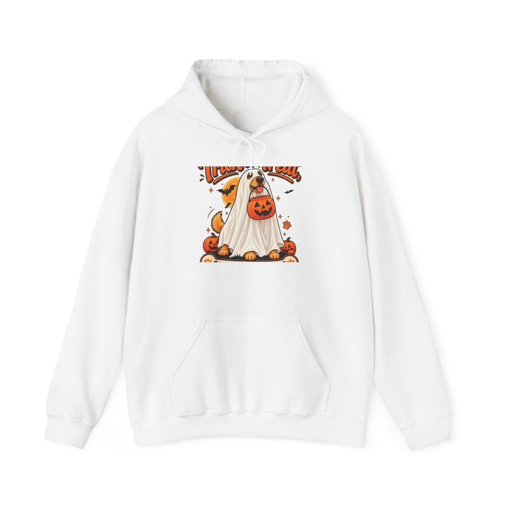 Gildan 18500 Heavy Blend Unisex Hoodie Ghost Dog Halloween Sweatshirt White